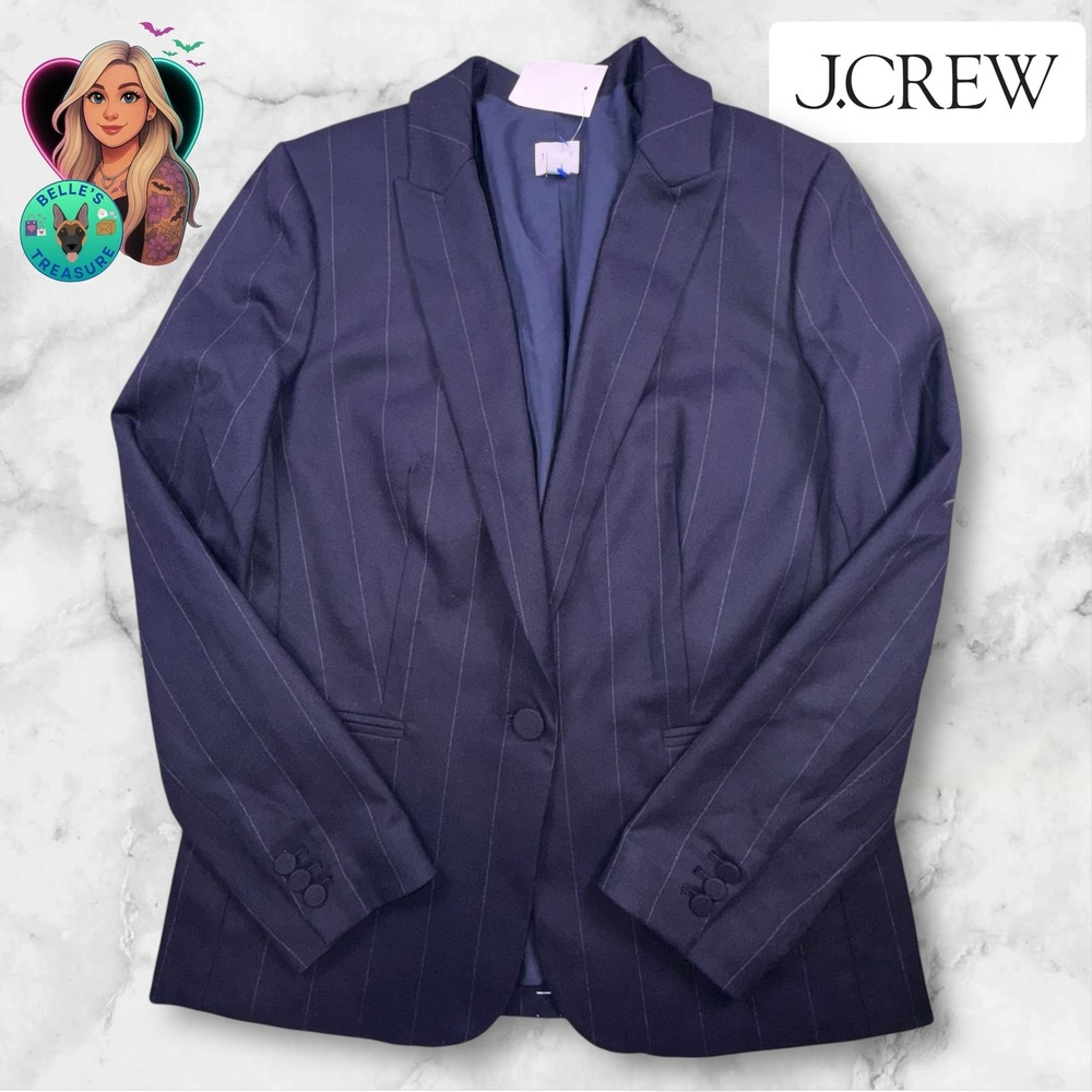 J Crew Pinstripe Blazer Navy Blue Button Front Womens 8 Suit Jacket Academia NWT